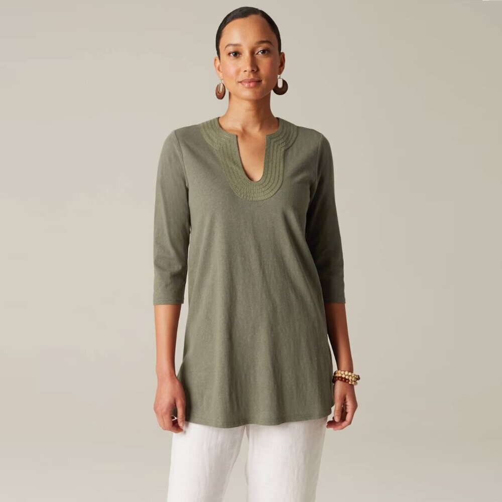 Pure J. Jill Cotton Linen Blend ‘Trapunto’ Tunic in Army Green, size M